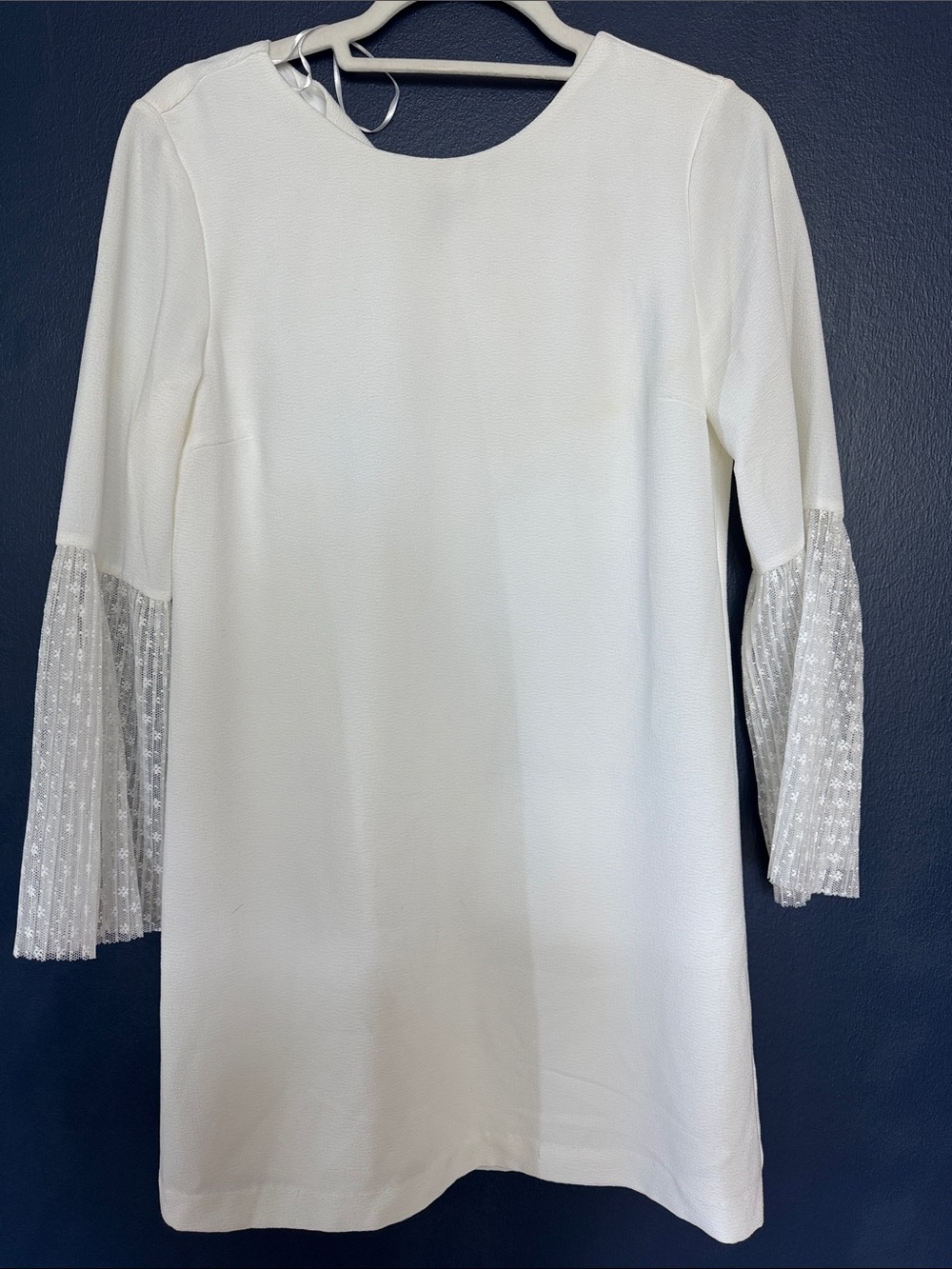 Zara White Shift Dress with Sheer Pleated Lace Sleeves